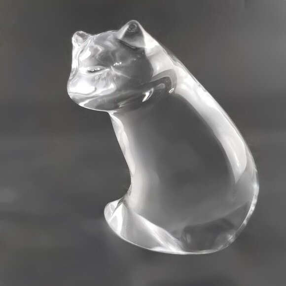 Art Glass Chubby Cat Figurine Clear Crystal Hand Blown Bubbles 3.75"T - Picture 1 of 10
